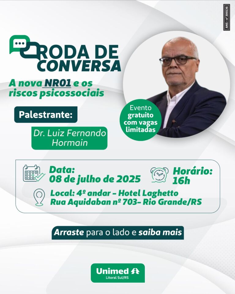 Especialista em Saúde Ocupacional ministra palestra gratuita em Rio Grande sobre a nova NR01 e riscos psicossociais