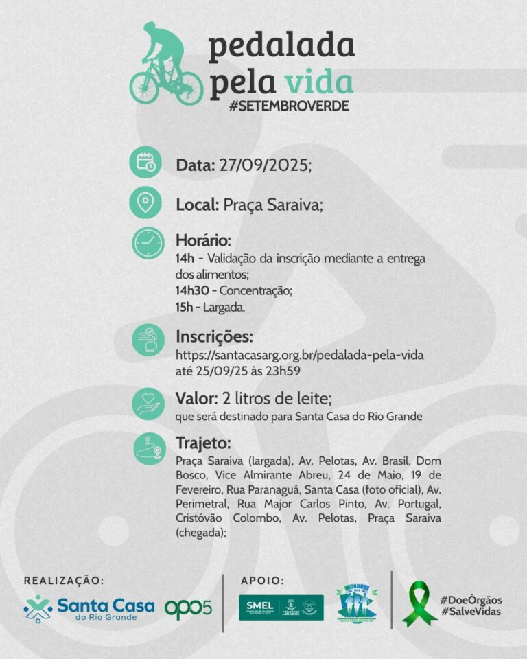 Pedalada pela Vida incentiva doação de órgãos em Rio Grande no dia 27 de setembro